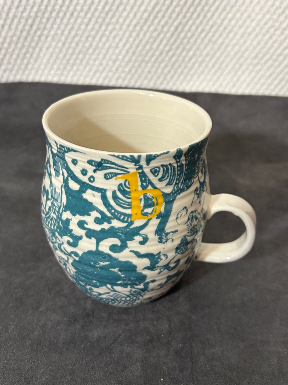 ANTHROPOLOGIE Aqua Teal Floral Ceramic Mug with Monogram B